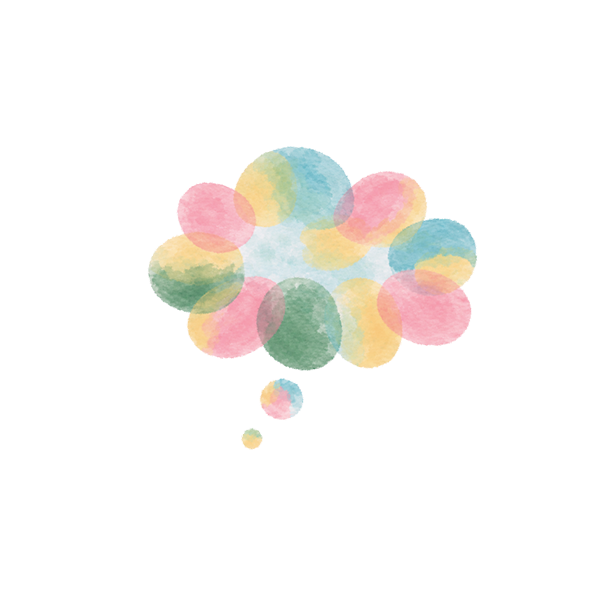 A watercolor illustration of a thought bubble made up of overlapping pastel circles in pink, yellow, green, and blue, set against a light gray background.