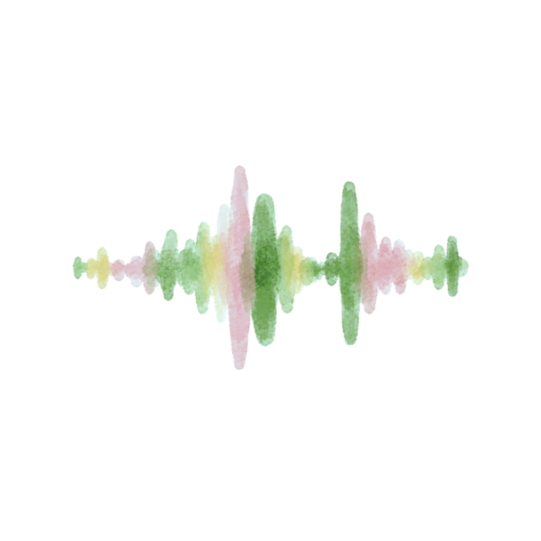 A watercolor illustration of a soundwave with soft, overlapping peaks in green, pink, and yellow tones on a light gray background.